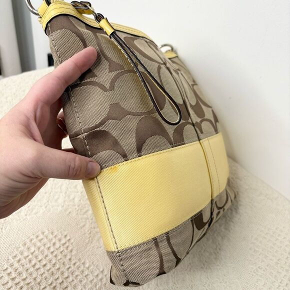 Coach Signature Stripe Shoulder Bag F13674 Khaki Yellow Hobo - Picture 6 of 11